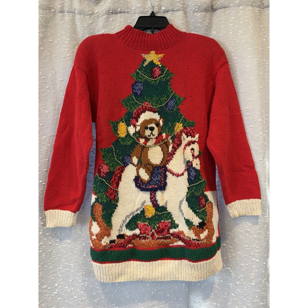 Vtg Casual Corner Red Hand Knit Christmas Sweater Rocking Horse Bear Medium‎